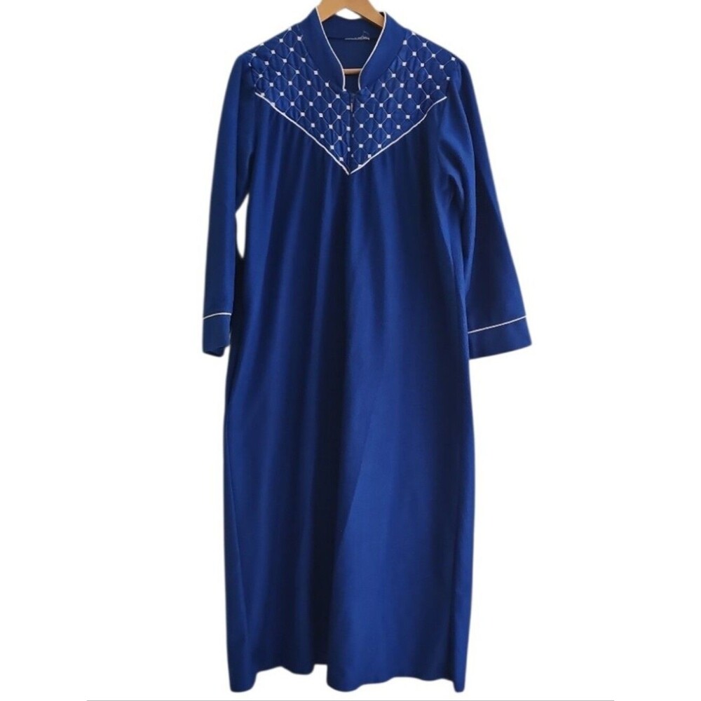 Vintage Fleece Housecoat Robe Women XL Royal Blue Zip Front Quilted Long Cozy